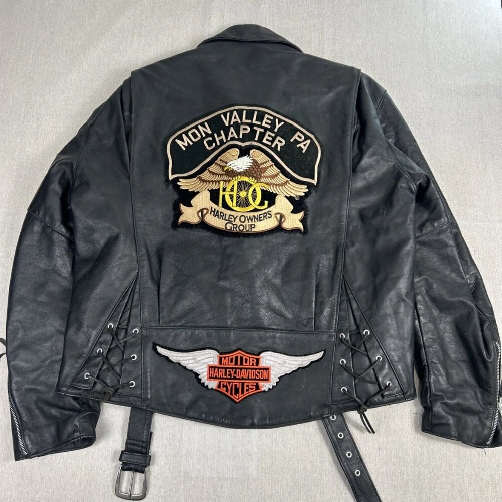 VTG Harley Davidson Mens Black Leather Biker Jacket Mon Valley Chapter HOG 46 - Picture 2 of 15